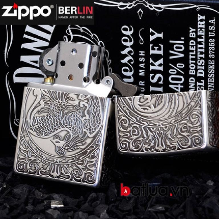 Bật lửa Zippo chính hãng bạc cổ khắc phượng múa