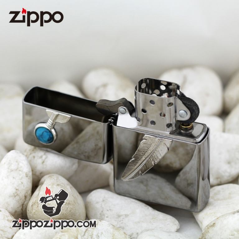 Bật lửa Zippo gương đen khắc lông vũ