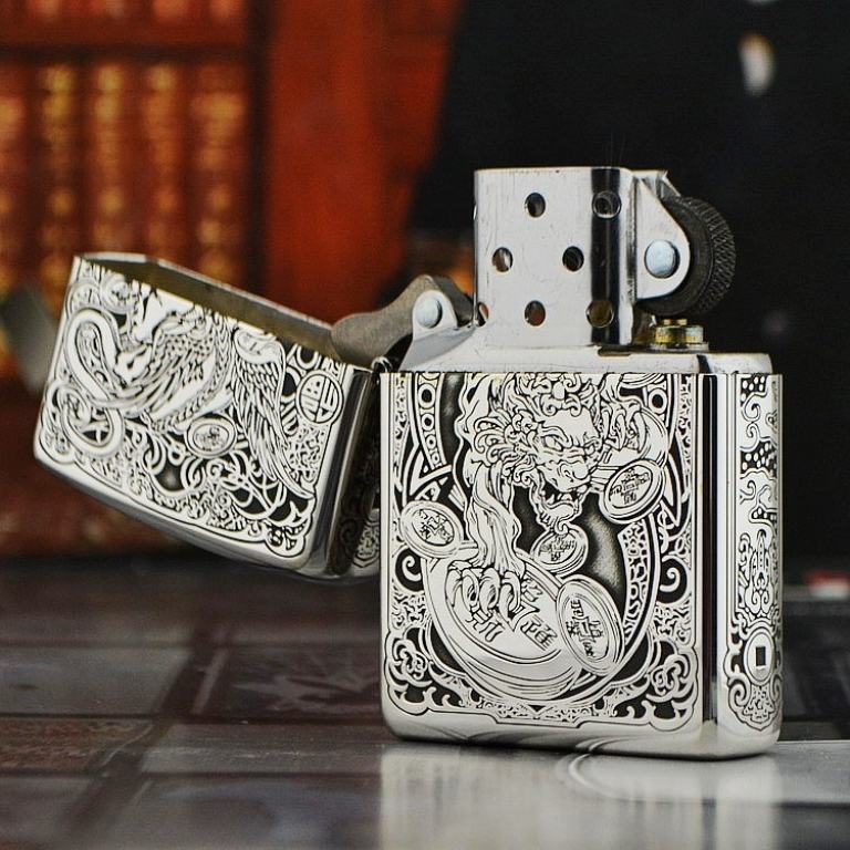 Bật lửa Zippo phiên bản Bạc nguyên khối khắc Tỳ Hưu