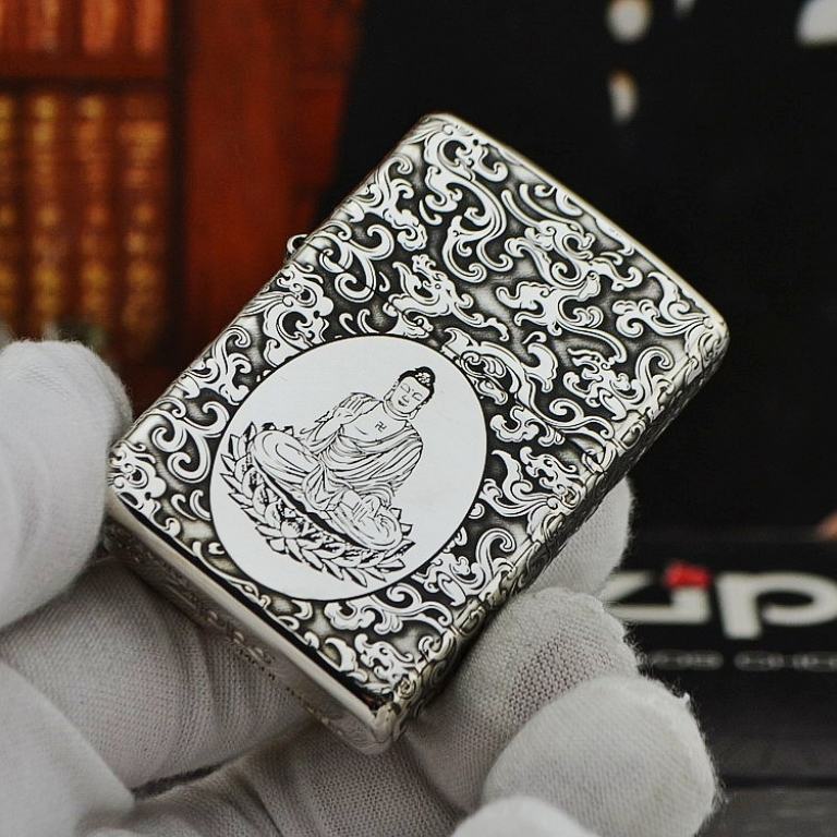Bật lửa Zippo Bạc nguyên khối khắc Phật Như Lai