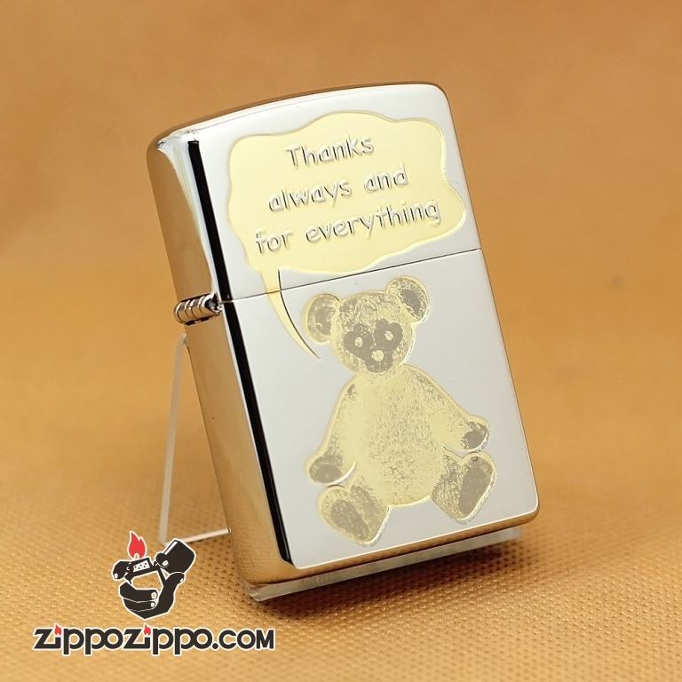 Zippo Chính Hãng Màu Bạc Hình Gấu Vàng Nói Luôn Cảm Ơn Và Cho Đi Mọi Thứ