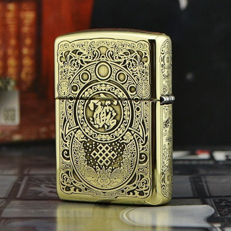 Zippo Chính Hãng Đồng Khắc Hình Tỳ Hưu Cùng Hoa Văn Đồng Xu