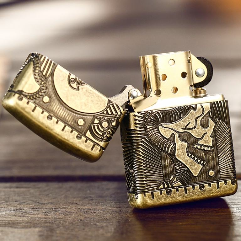 Zippo Chính Hãng Đồng Khắc Đầu Lâu Hộp Sọ Vỏ Dày Armor
