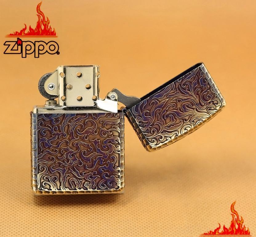 Zippo Chính Hãng Màu Vàng Đốt Khắc Rồng Bay Xuống Cùng Hoa Văn Arab Vỏ Dày Armor