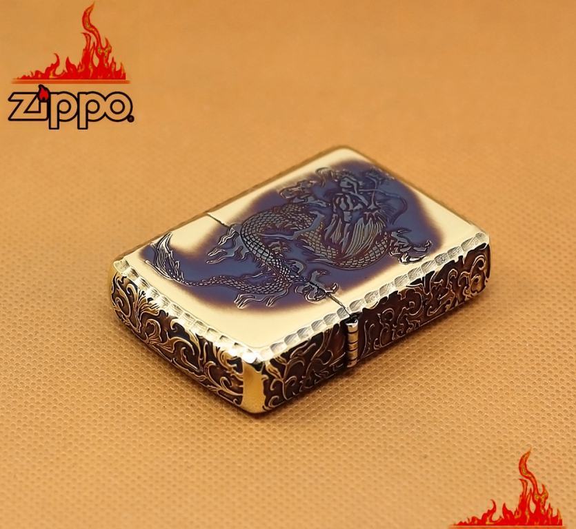 Zippo Chính Hãng Màu Vàng Đốt Khắc Rồng Bay Xuống Cùng Hoa Văn Arab Vỏ Dày Armor