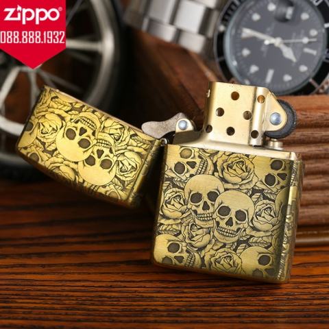Zippo Chính Hãng Đồng Khắc 5 Năm Mặt Đầu Lâu Hoa Hồng Vỏ Dày Armor