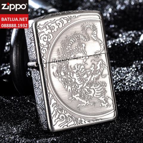 Zippo Chính Hãng Màu Bạc Khắc Họa Tiết Rồng Vân Xung Quanh