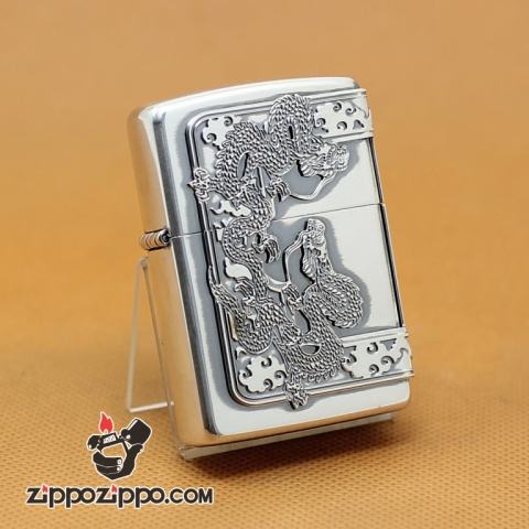 Zippo Chính Hãng Màu Bạc Vỏ Rồng Bao Quanh 3 Mặt